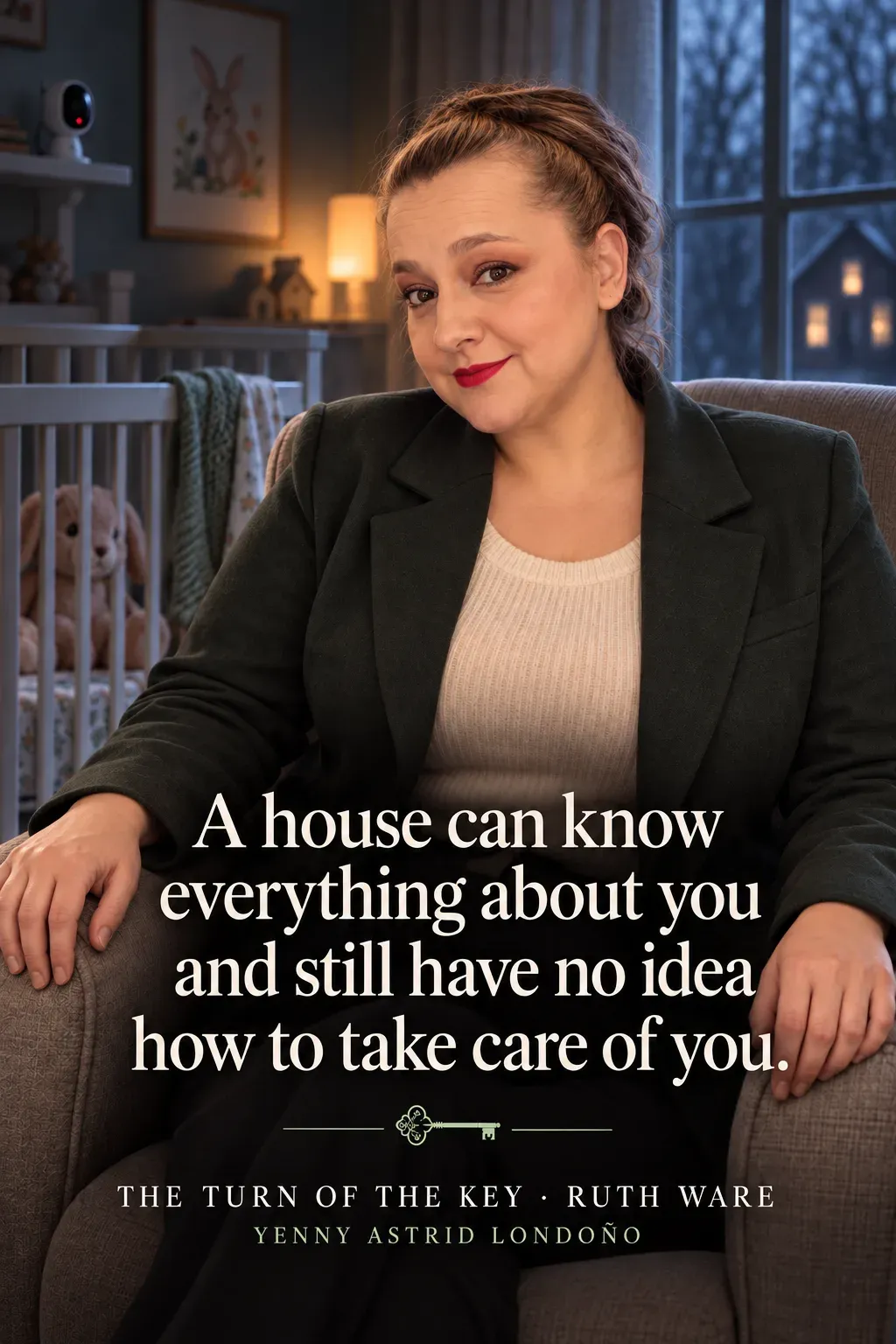Image from Yenny Astrid Londoño’s review of “The Turn of the Key”. Yenny in a dark jacket inside a technology-filled room, beside her comment about the house knowing everything. Text: A house can know everything about you and still have no idea how to take care of you.