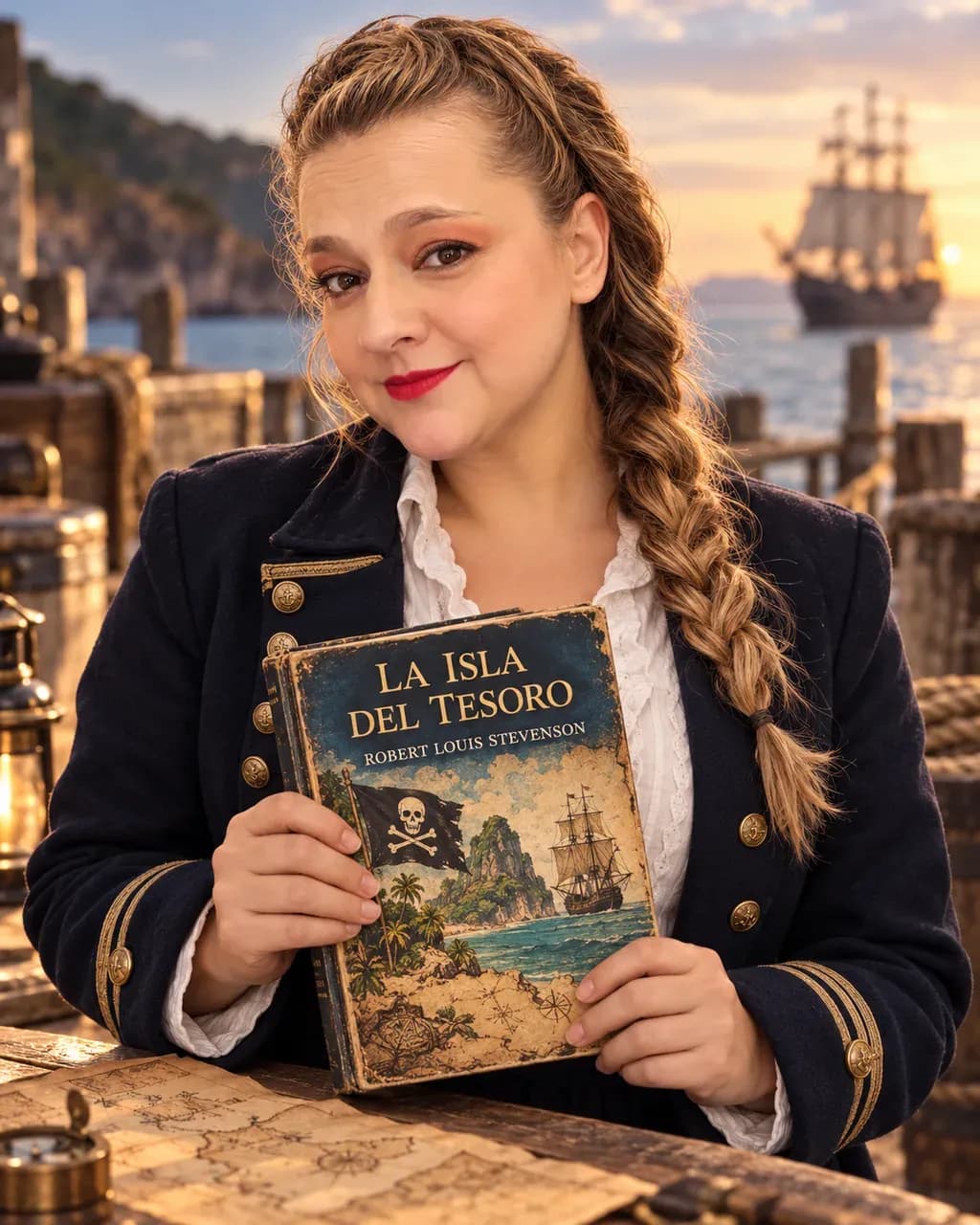 Cover image for Yenny Astrid Londoño’s review of “Treasure Island”. Yenny Astrid Londoño with an artistic mockup of La isla del tesoro, by Robert Louis Stevenson