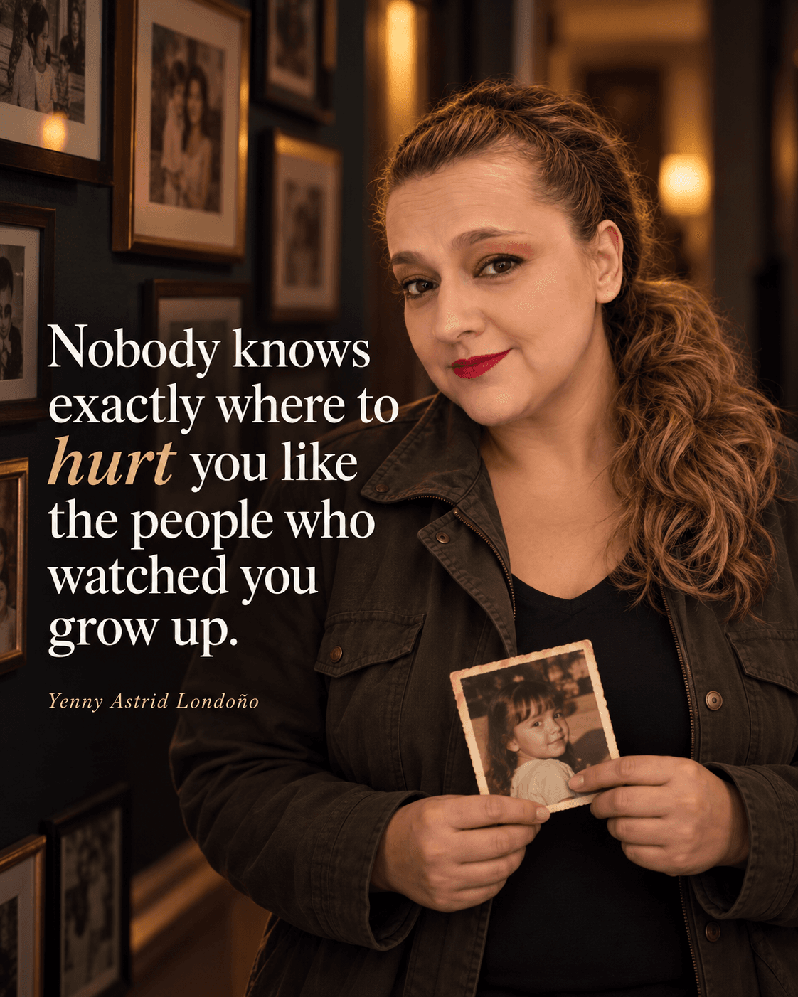 Image from Yenny Astrid Londoño’s review of “The Bad Daughter”. Yenny considering an old family photograph. Text: Nobody knows exactly where to hurt you like the people who watched you grow up.