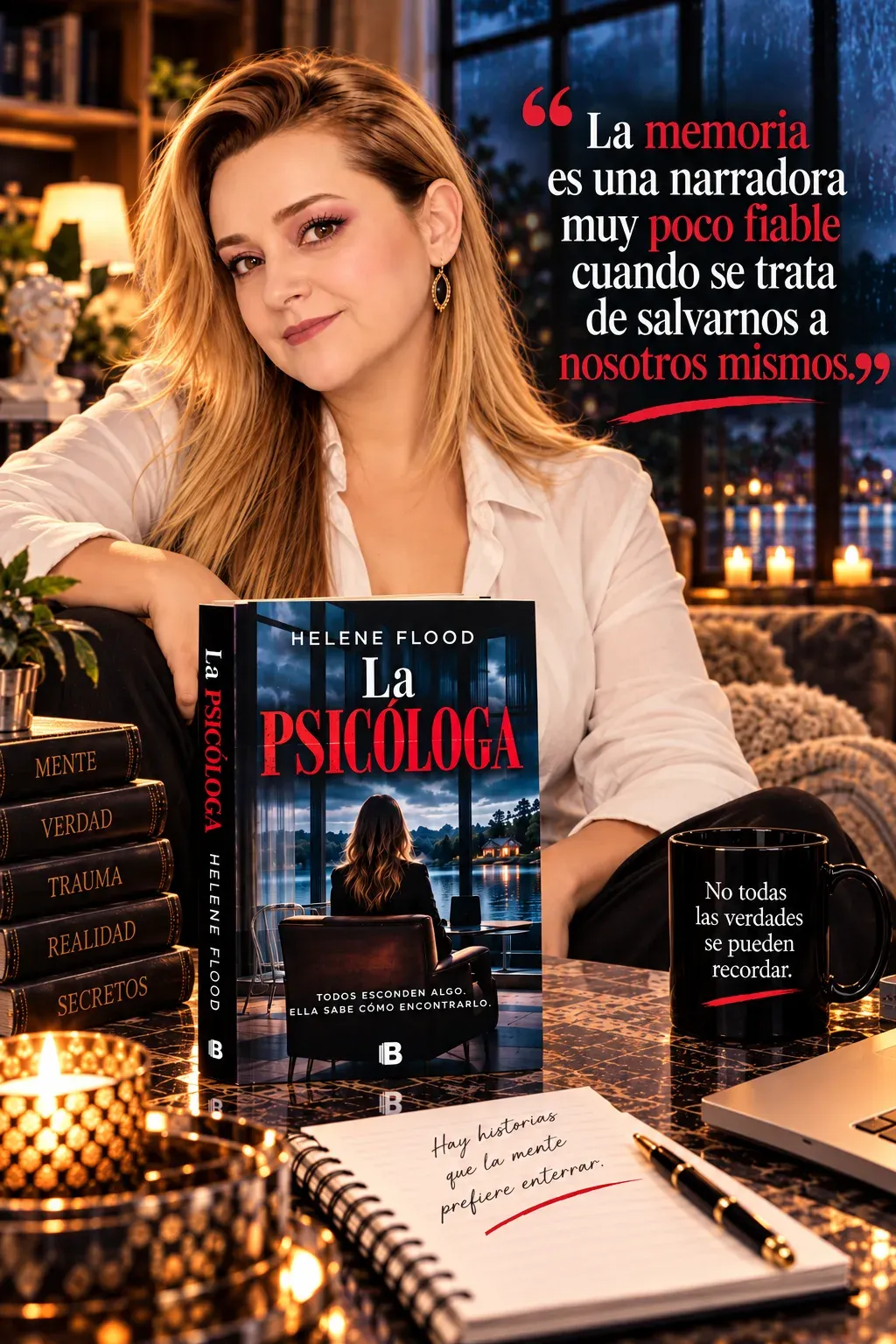 Yenny Astrid Londoño con camisa blanca, con La psicóloga, de Helene Flood, sobre la mesa junto a una vela y un texto superpuesto en la imagen.