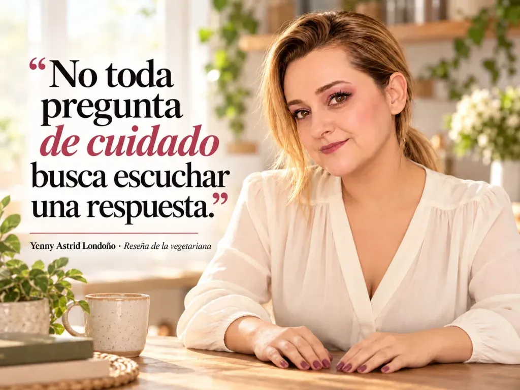 Imagen de la reseña del libro «La vegetariana», escrita por Yenny Astrid Londoño. Yenny Astrid Londoño en una imagen editorial con la frase del libro sobre No toda pregunta de cuidado busca escuchar una respuesta.