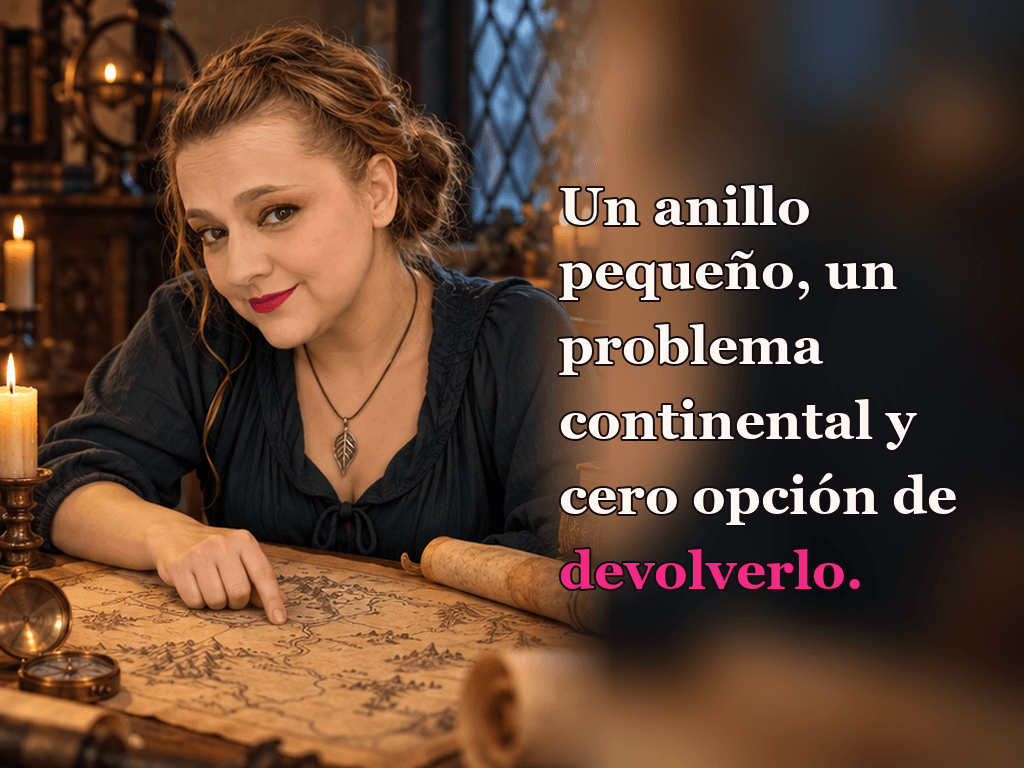 Imagen de la reseña del libro «La comunidad del anillo», escrita por Yenny Astrid Londoño. Ilustración de La comunidad del anillo, de J. R. R. Tolkien, con un texto superpuesto: «Un anillo pequeño, un problema continental y cero opción de devolverlo».