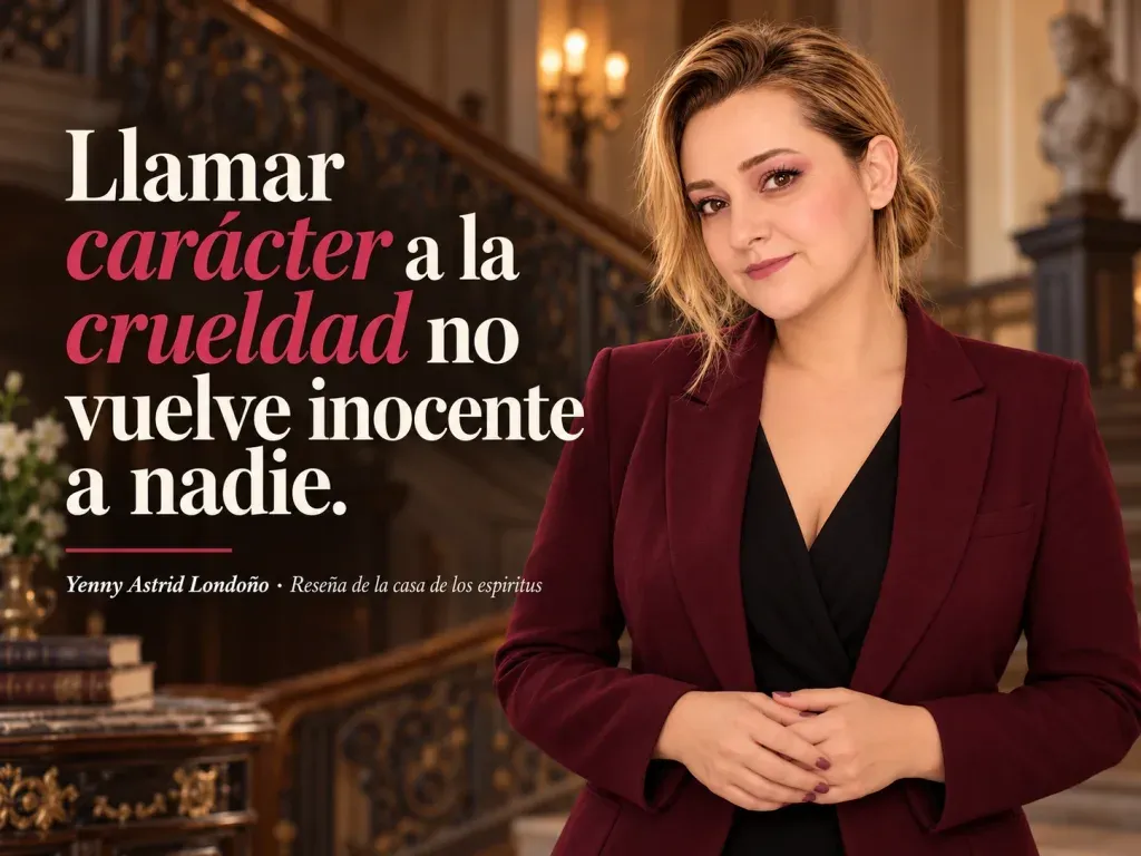 Imagen de la reseña del libro «La casa de los espíritus», escrita por Yenny Astrid Londoño. Yenny Astrid Londoño en una imagen editorial con la frase del libro sobre Llamar carácter a la crueldad no vuelve inocente a nadie.