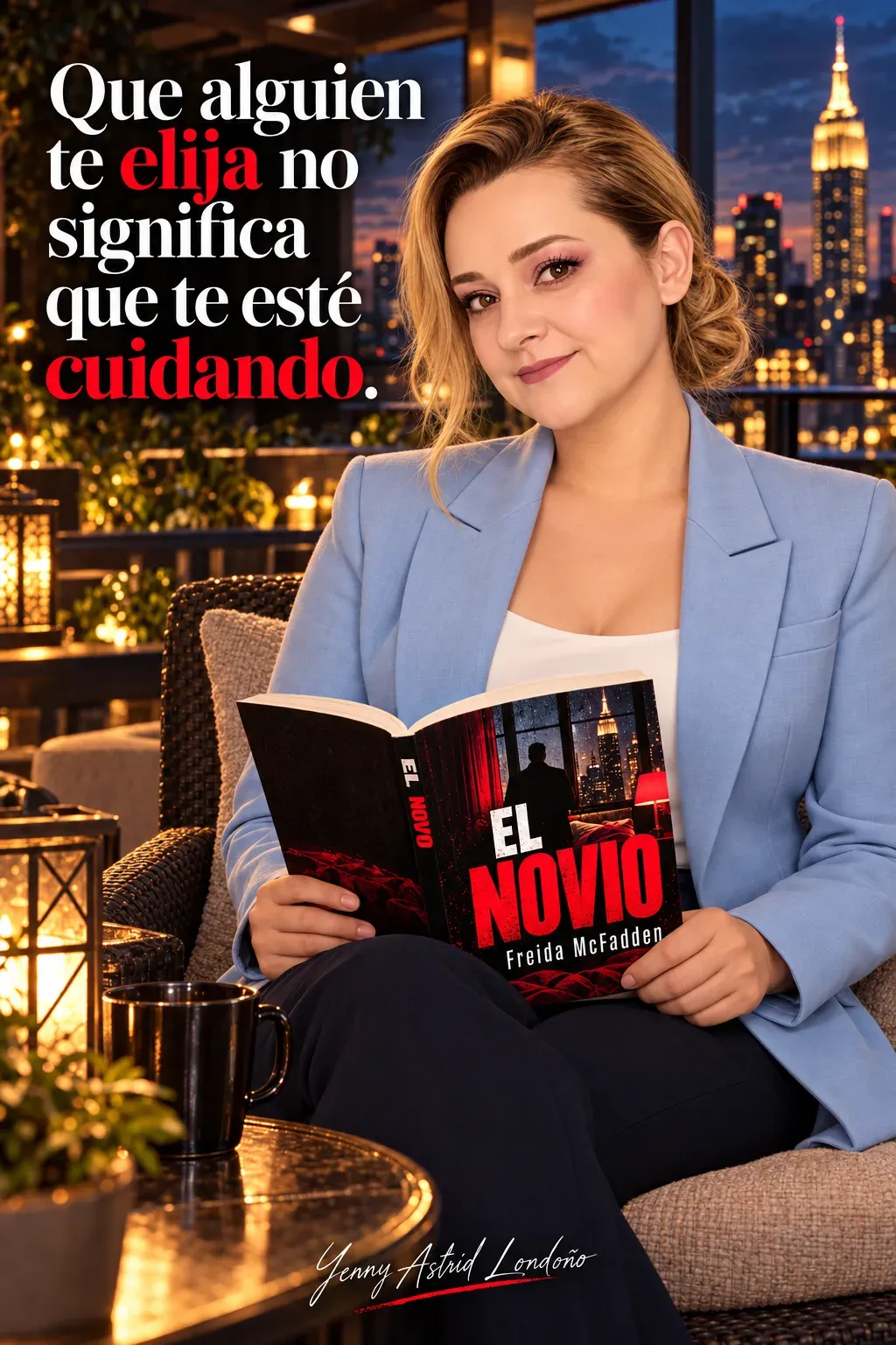Yenny con moño bajo y chaqueta azul claro, leyendo El novio con las manos sobre el libro abierto; frase del libro sobre elegir y cuidar.