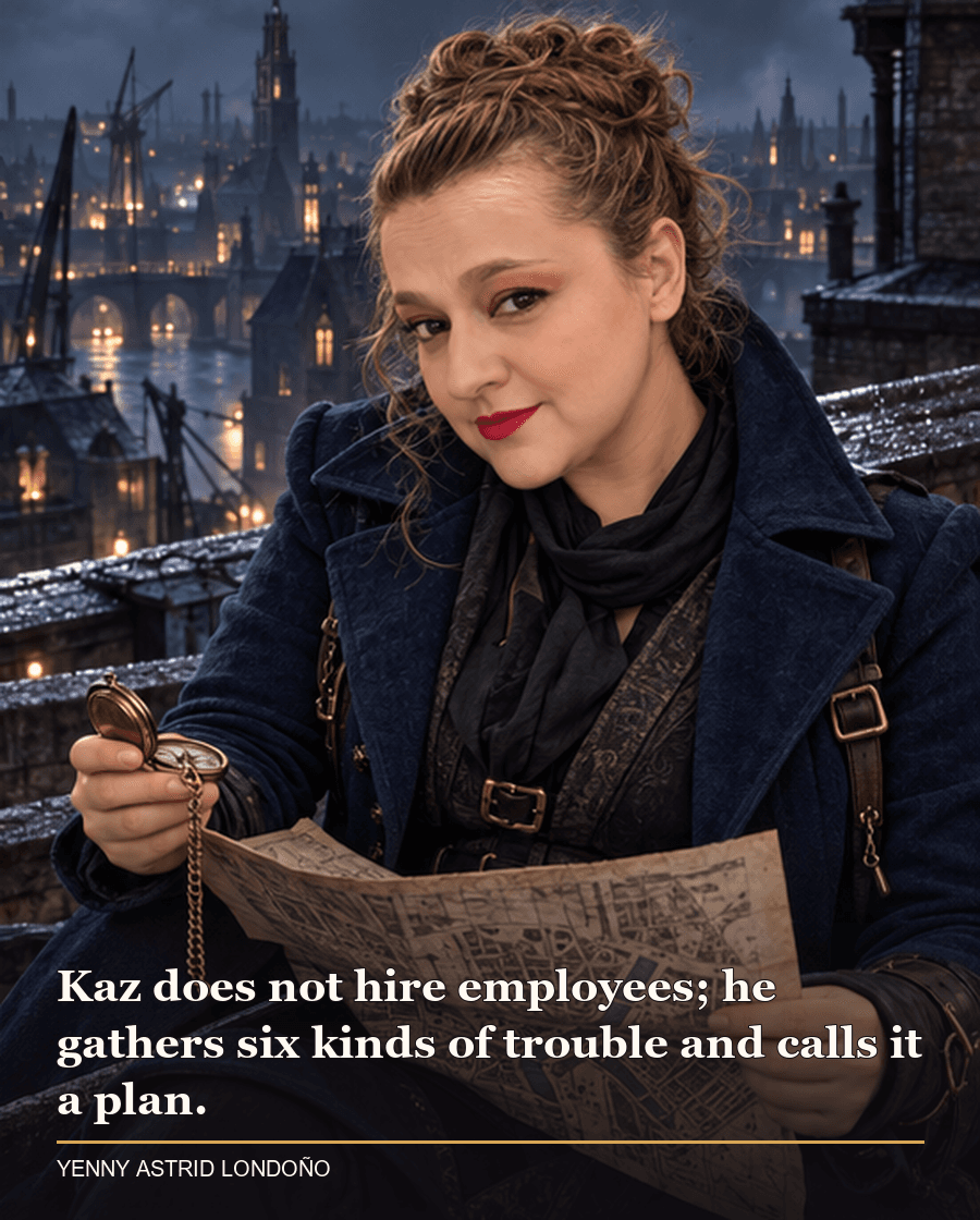 Image from Yenny Astrid Londoño’s review of “Six of Crows”. Yenny in a midnight-blue coat above Ketterdam studying a street map and pocket watch. Text: Kaz does not hire employees; he gathers six kinds of trouble and calls it a plan.