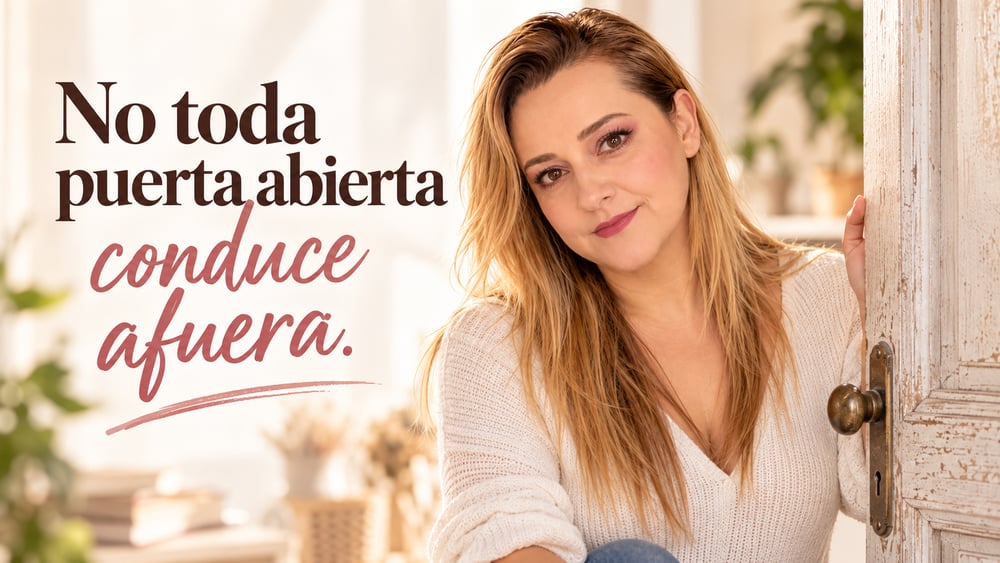 Yenny Astrid junto a una puerta abierta con la frase No toda puerta abierta conduce afuera